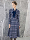 Geometric Plaid Bow Tie Long Sleeve A-Line Dress