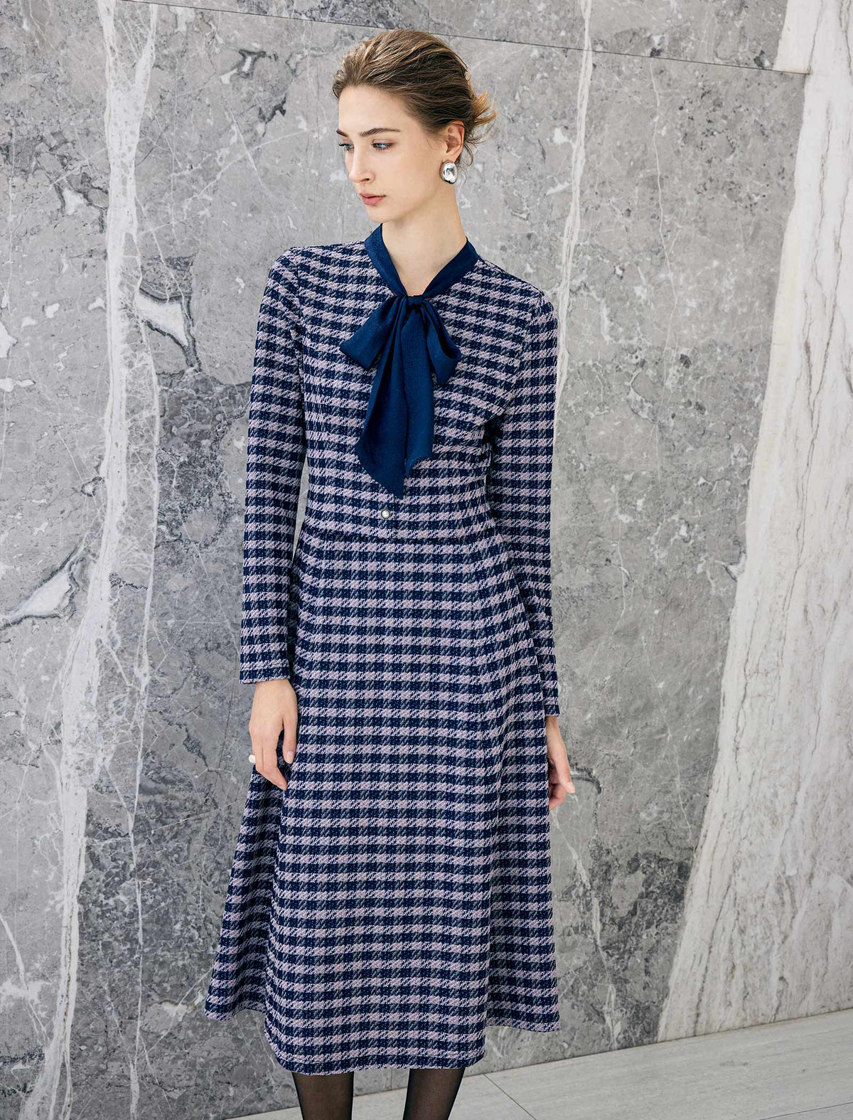 Geometric Plaid Bow Tie Long Sleeve A-Line Dress