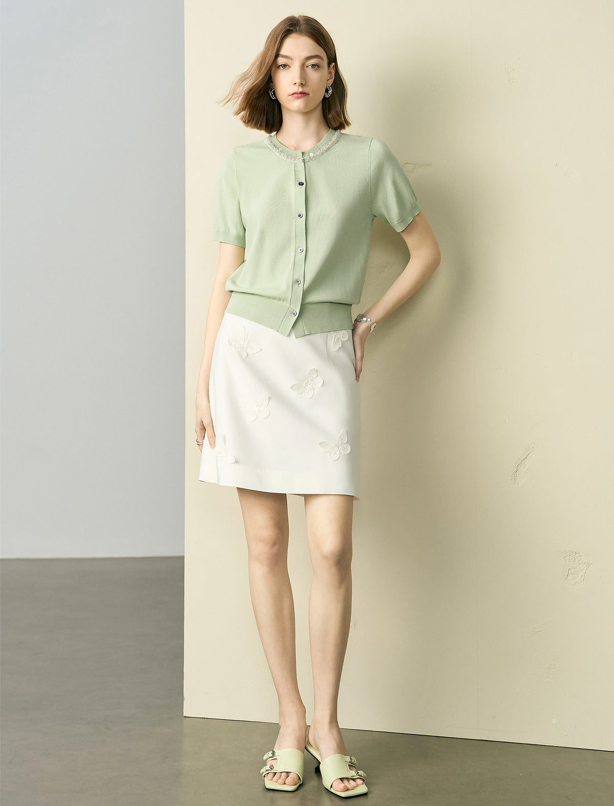 Light Green Sequin-Collar Short Sleeve Cardigan