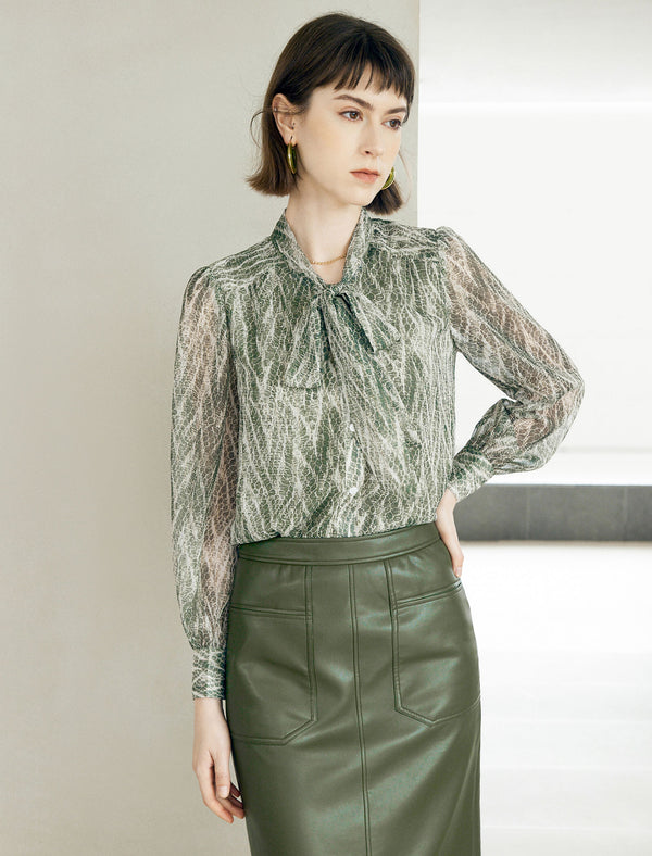 Vintage Tie-Waist Printed Long-Sleeve Blouse