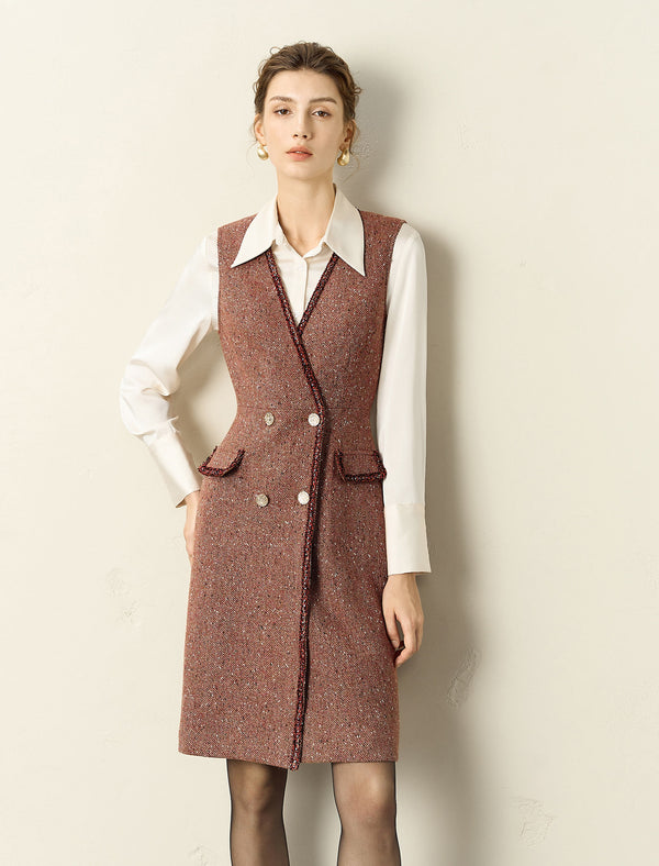 Wool Blend V-Neck Tweed Vest Dress