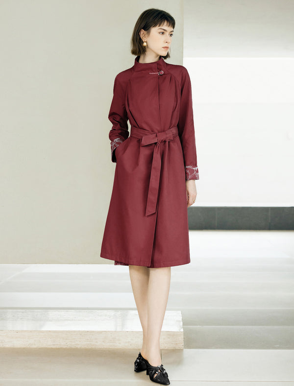 Floral Cuff Stand-Up Collar Belted Trench Coat