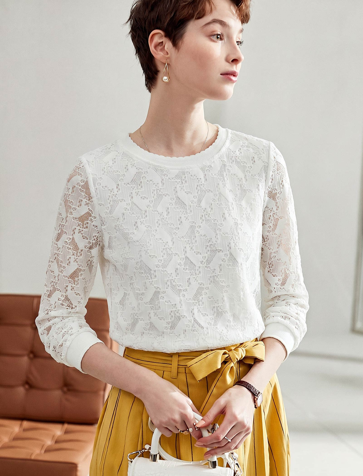 Lace Crew Neck Long Sleeve Top