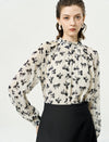 Floral Print Chiffon Ruffled Neckline Blouse