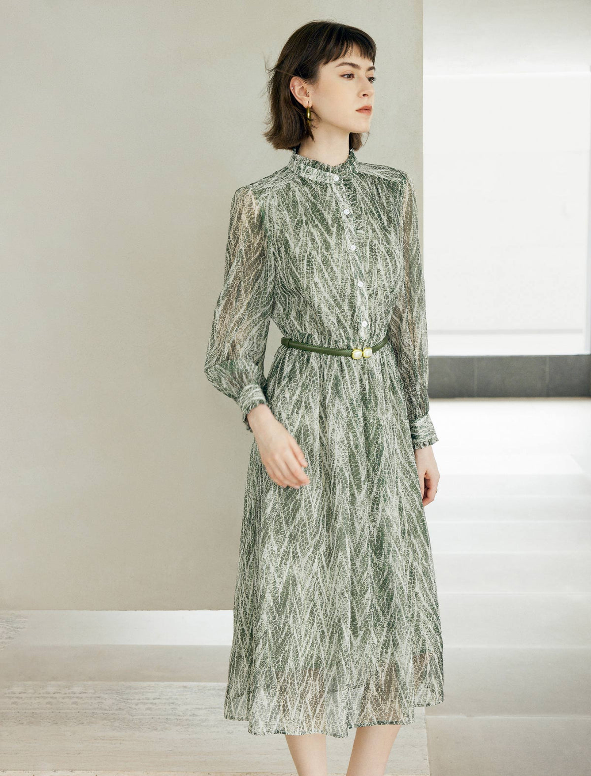 Floral Print Button-Front Belted Fitted Dress