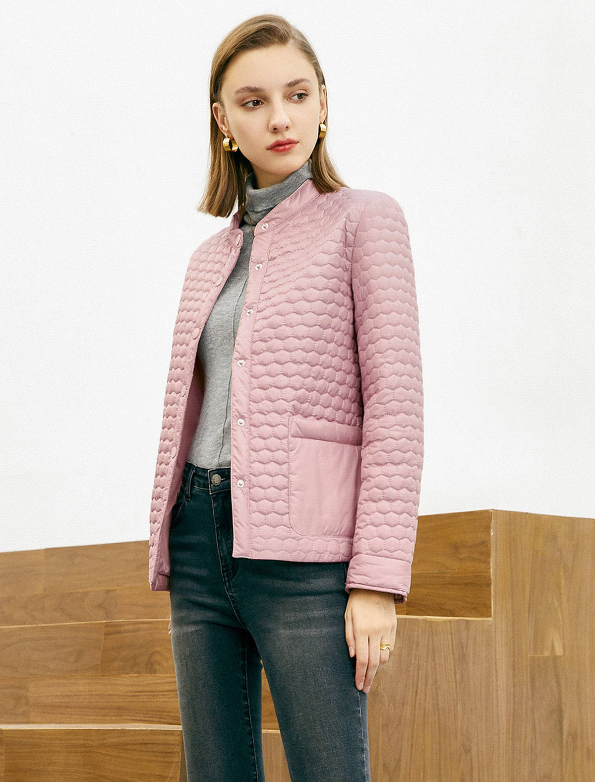 Stand-Collar Snap-Front Padded Coat