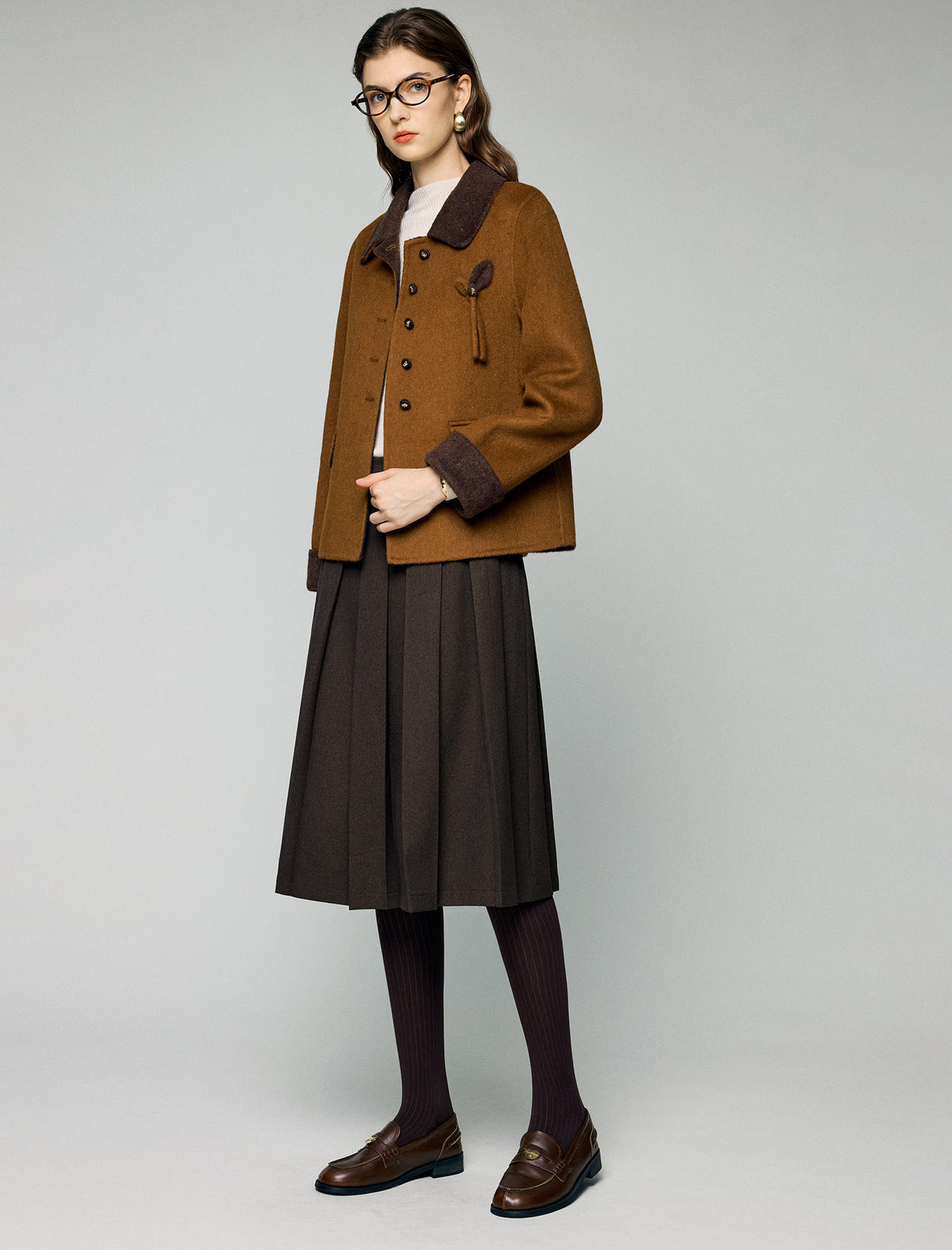 Wool Contrast-Collar Button-Front Cropped Jacket