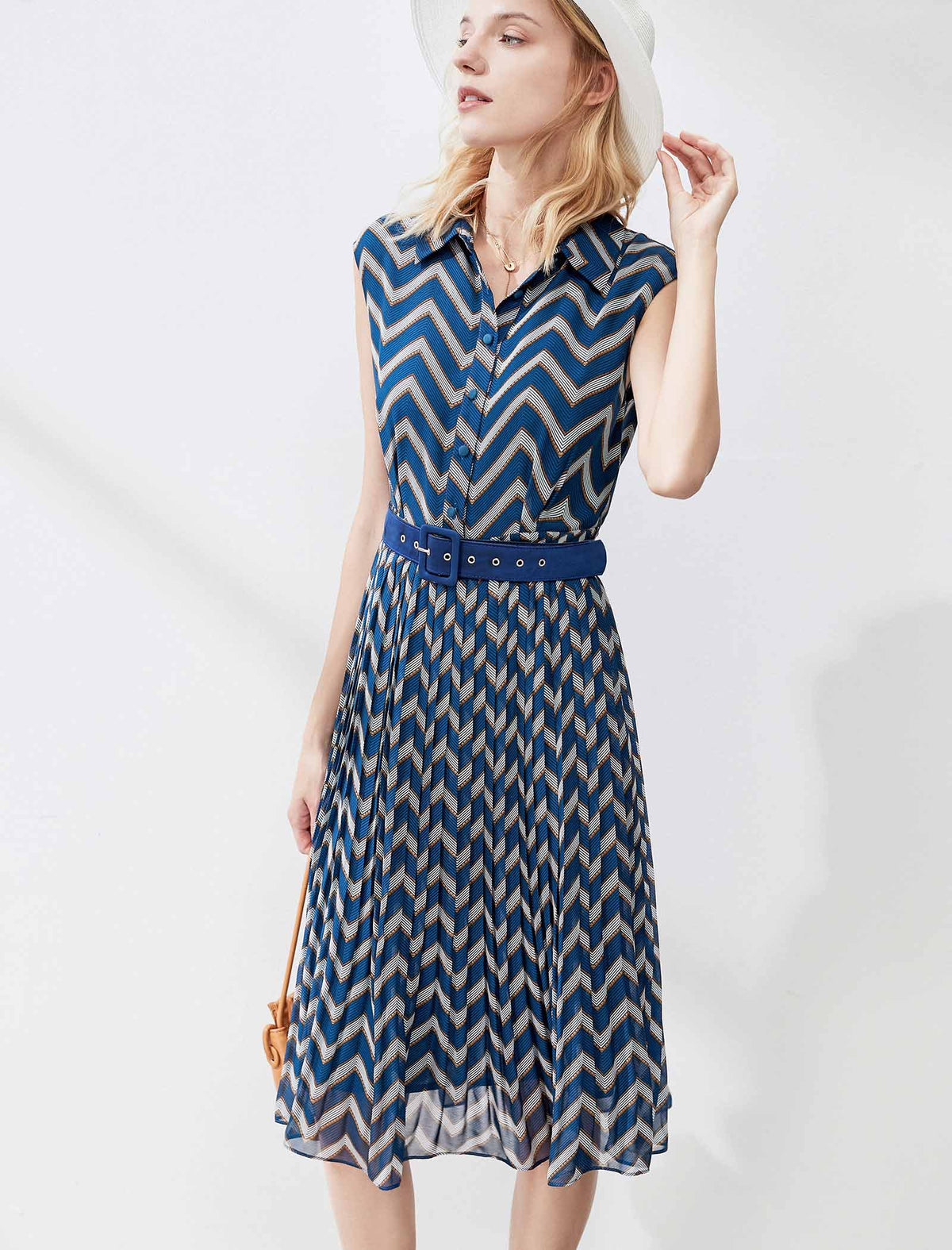 Striped Print Waist-Cinched Sleeveless A-Line Midi Dress