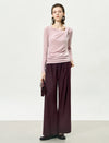 Asymmetric Neck Long-Sleeve Ruched Top