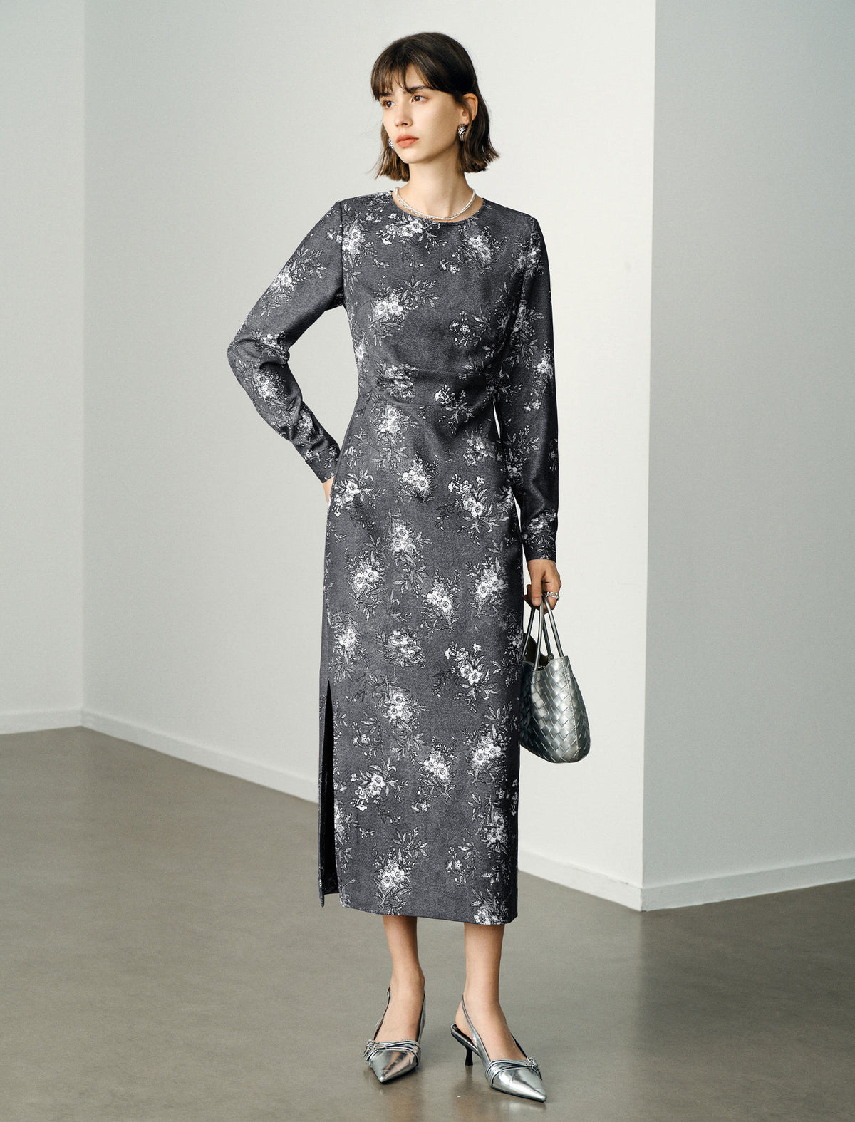 Side-Slit Waist-Cinching Printed Long Sleeve Dress