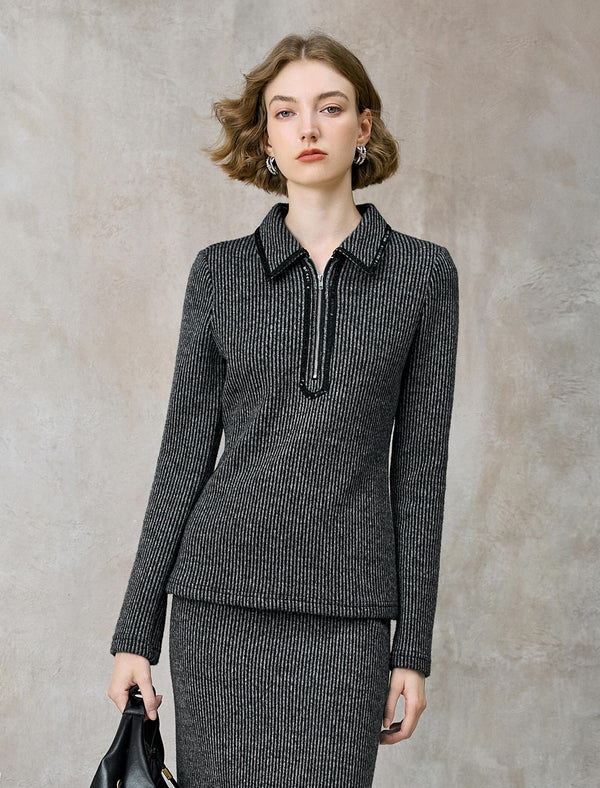 Striped Zip-Up Polo Knit Top