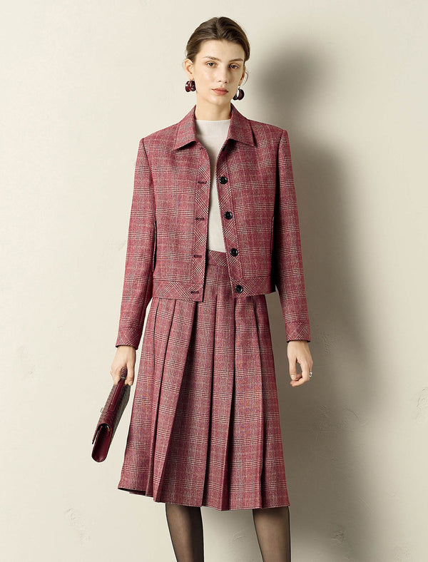 Plaid Jacket and Pleated Skirt Two-Piece Set