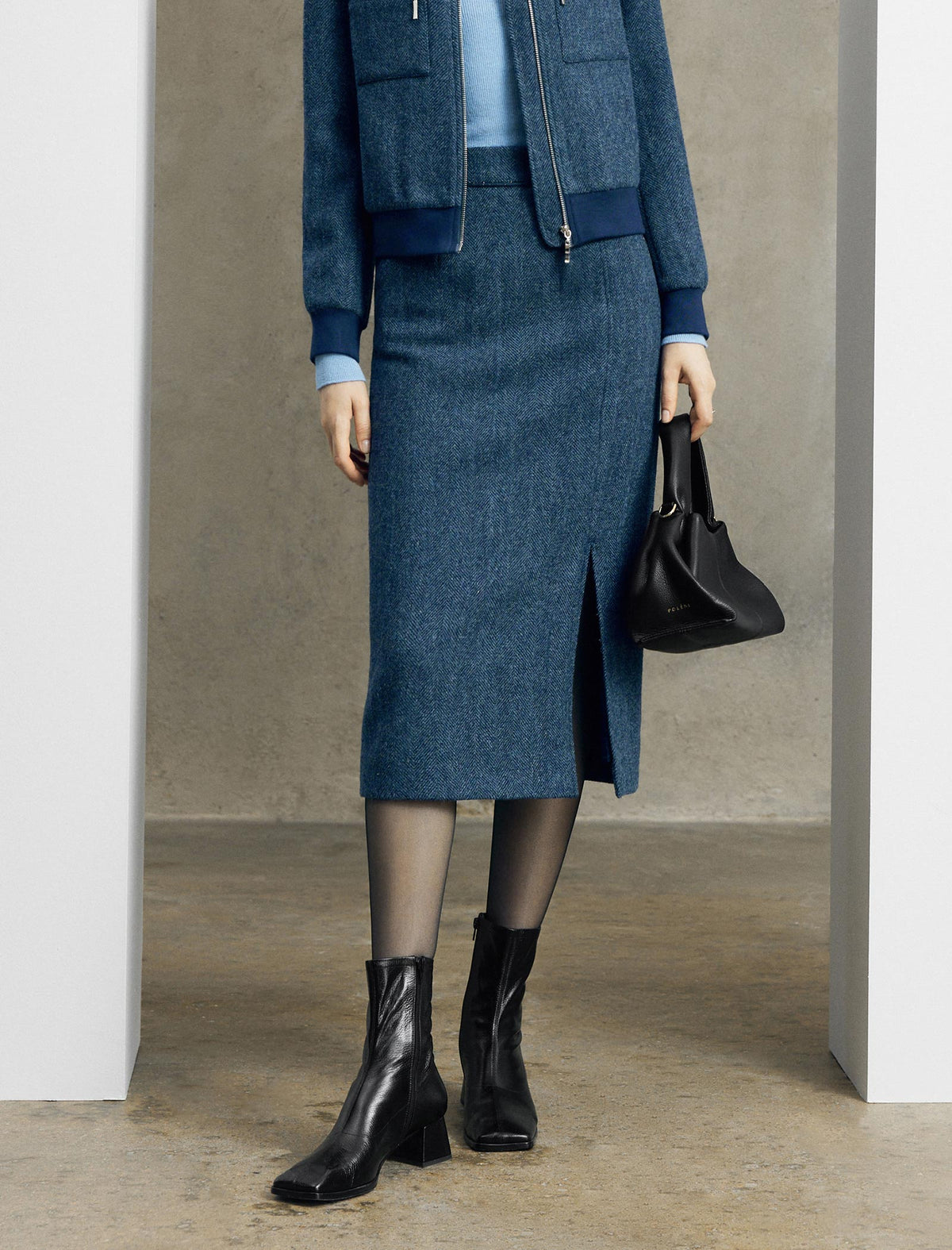 Herringbone Wool Side Slit Midi Skirt