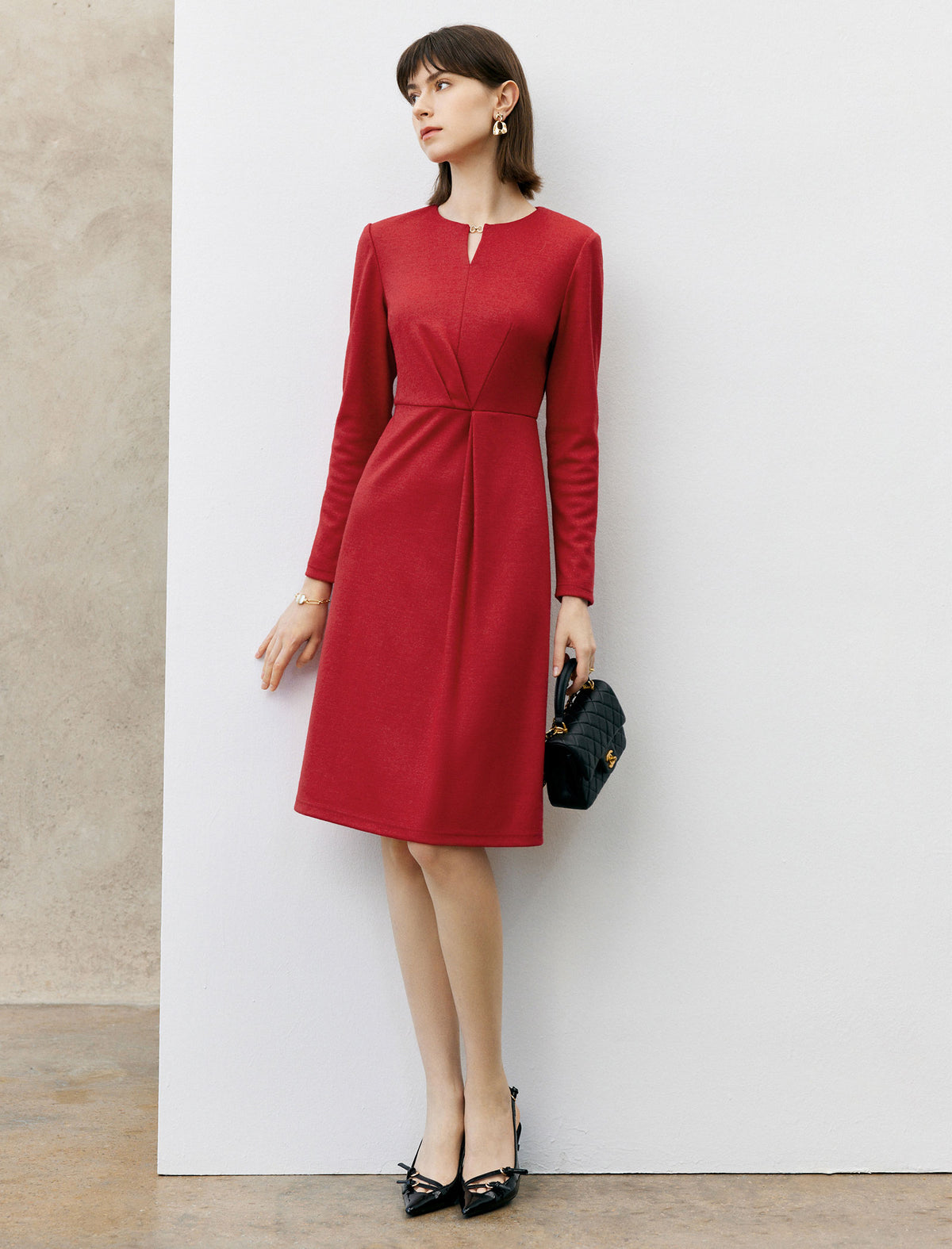 Wool Blend Keyhole Neck Fitted Waist Midi Dress