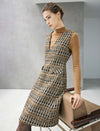 Wool Blend Plaid V-Neck Pocket Sleeveless Shift Dress