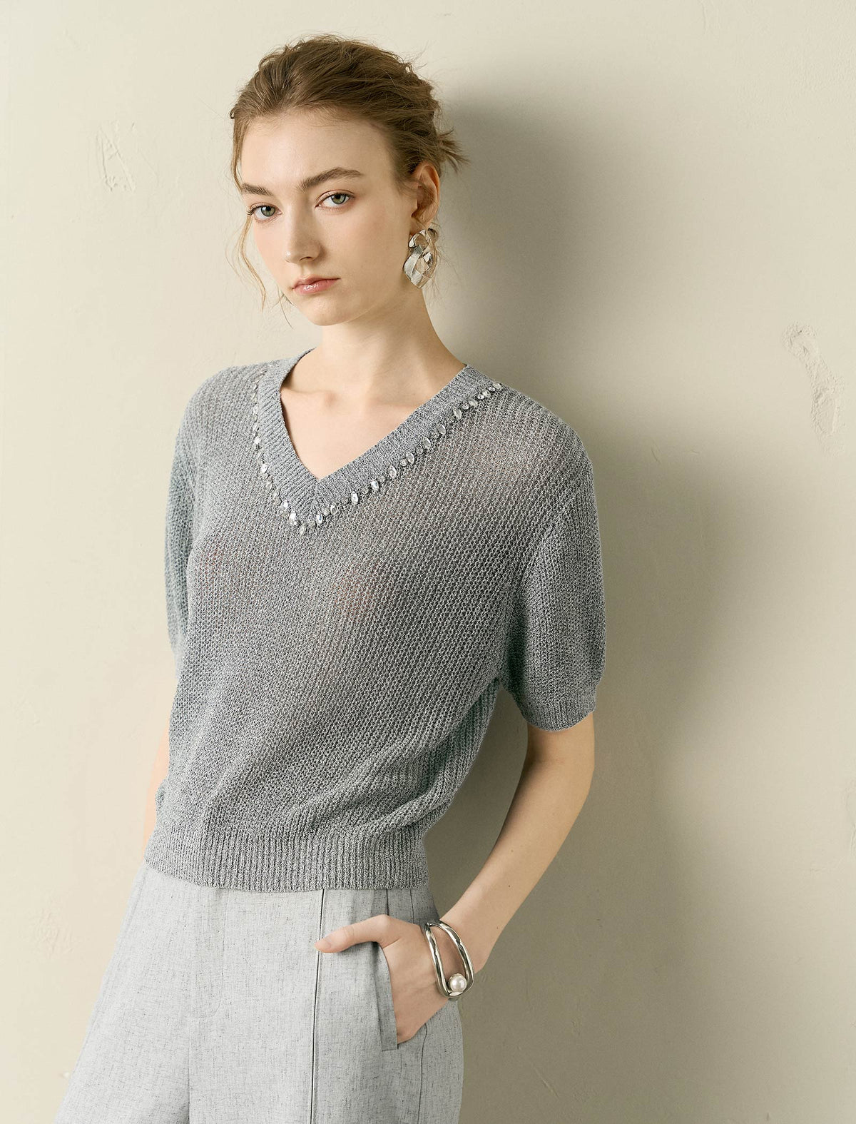 V-Neck Embellished Knit Top
