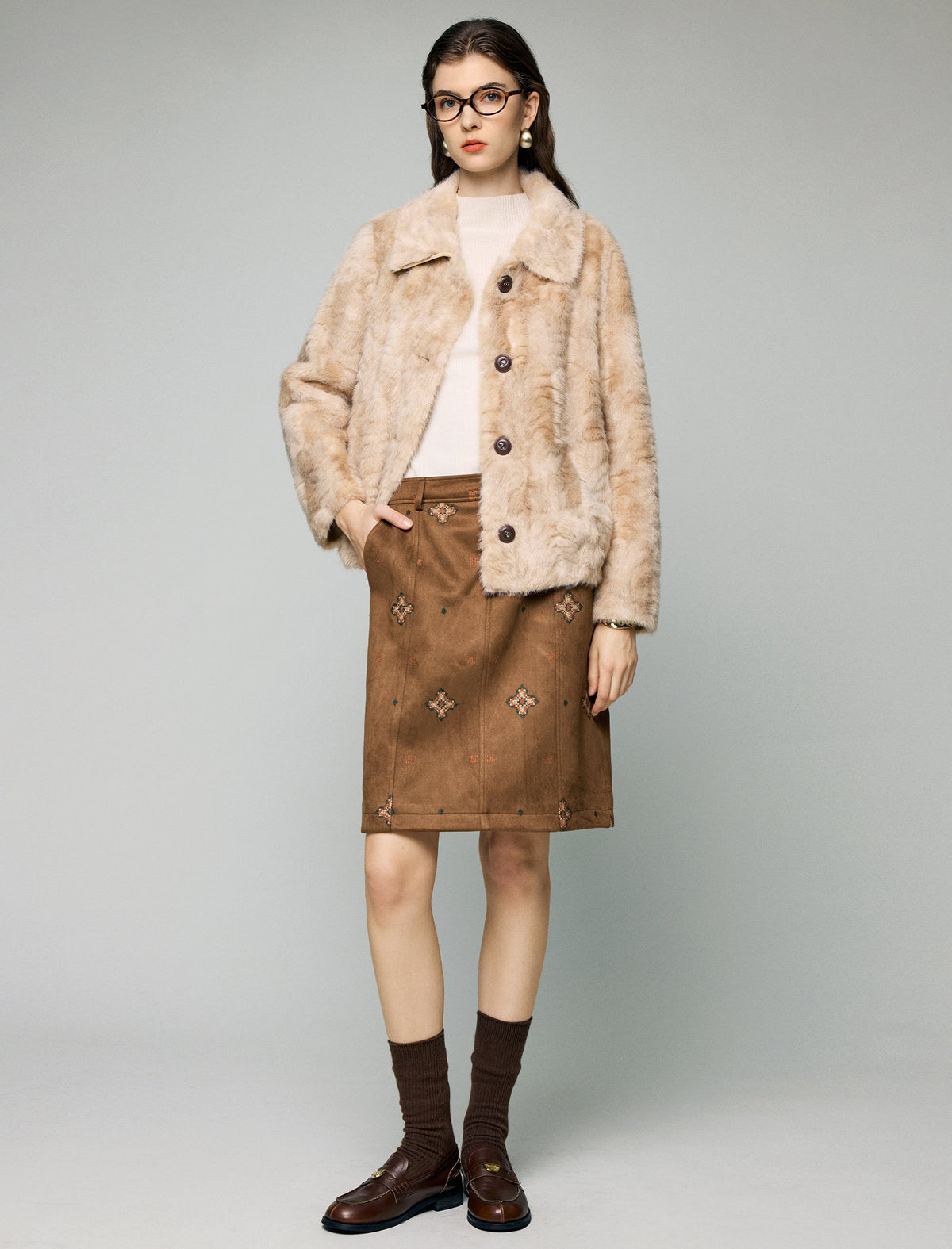 Plush Collared Button-Front Short Jacket