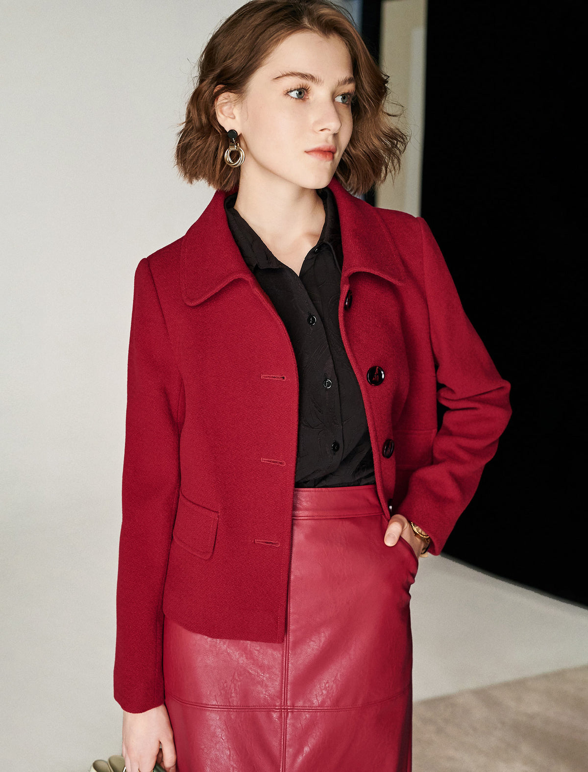 Wool Blend Textured Collared Button-Front Jacket