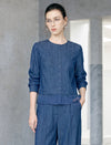 Button Front Denim Look Ruffle Hem Blouse