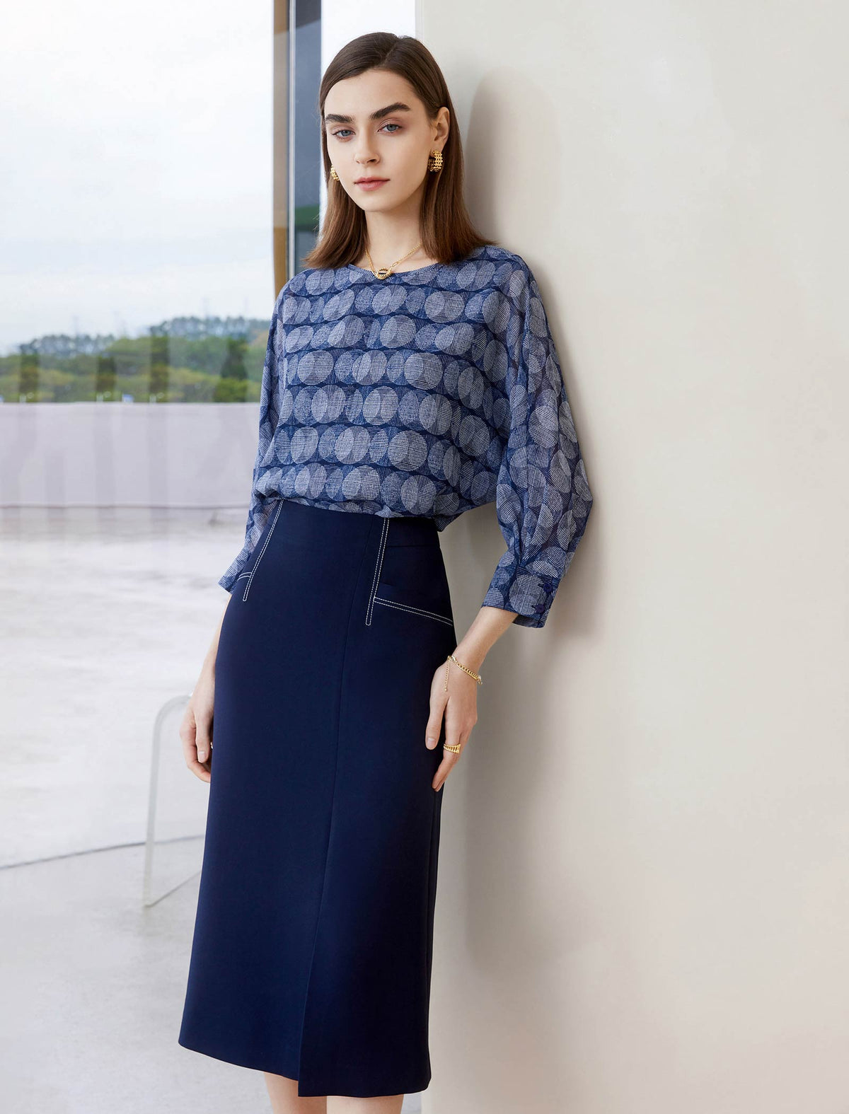 Navy Blue Side Slit Midi Pencil Skirt