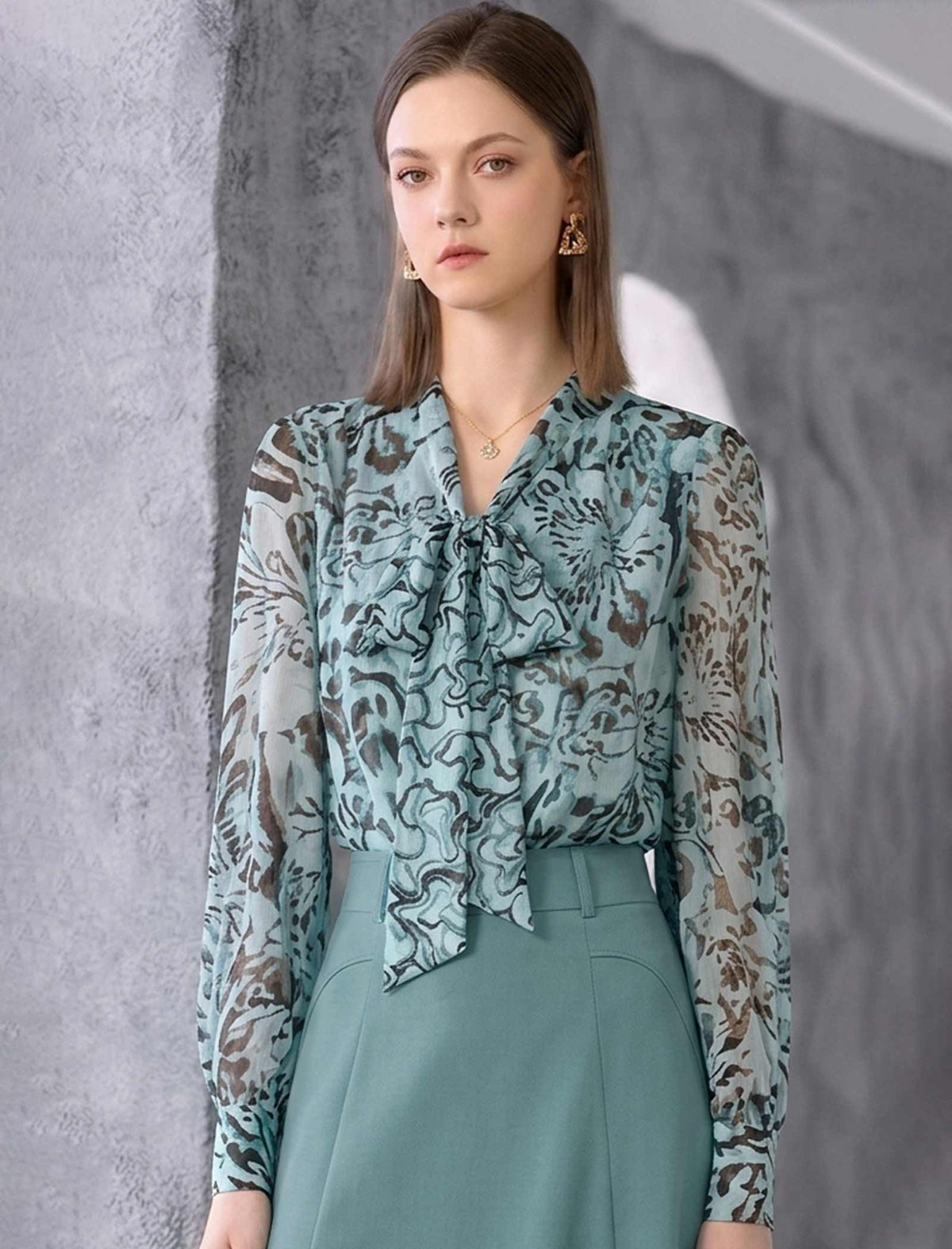 Sheer Abstract Print Bow Neck Blouse