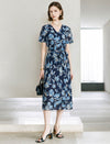 Dark Navy Mulberry Silk Floral Wrap Midi Dress