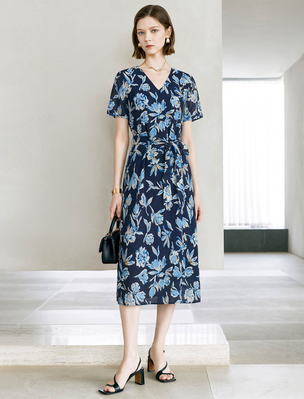 Dark Navy Mulberry Silk Floral Wrap Midi Dress