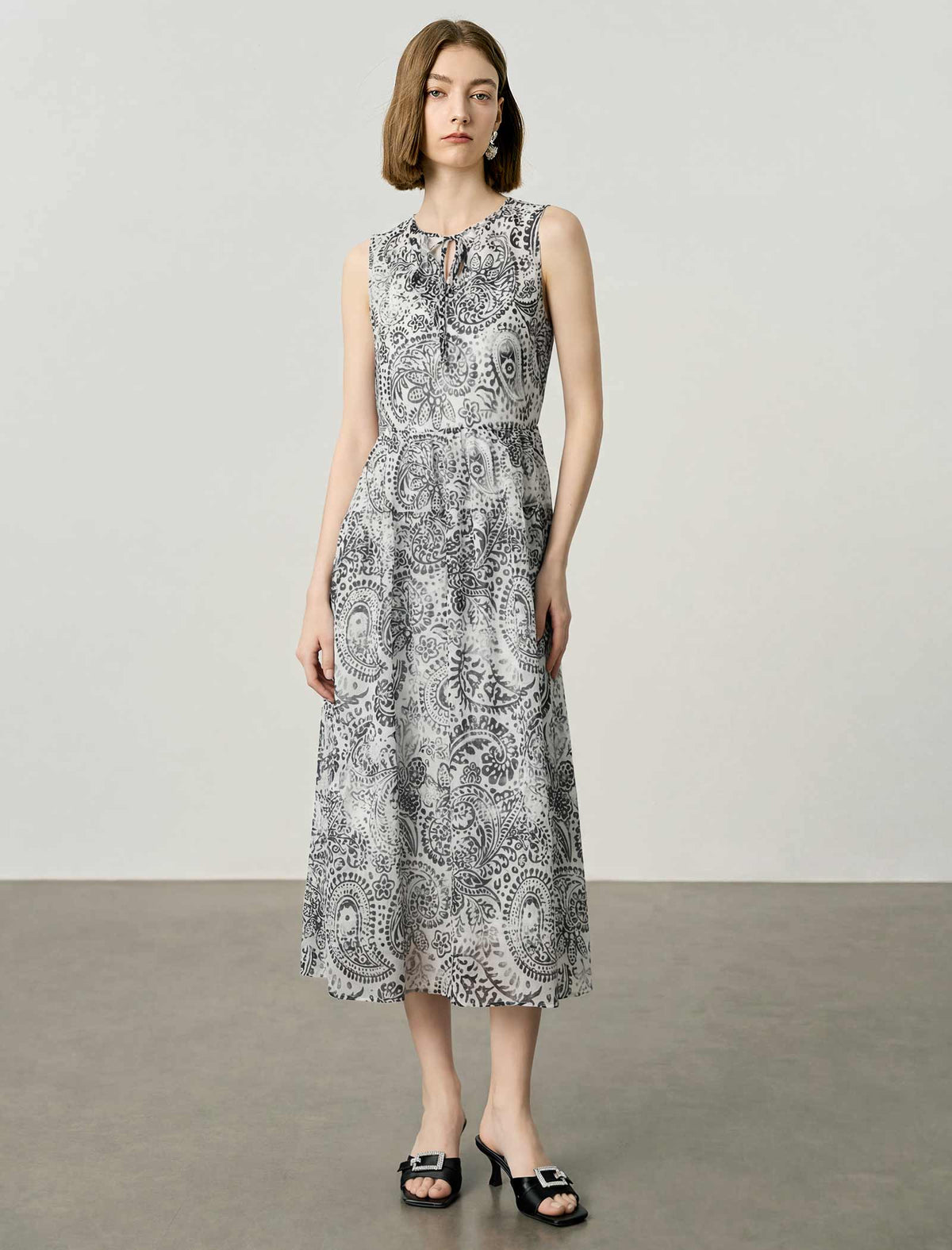Paisley Print Tencel Linen Sleeveless Midi Dress