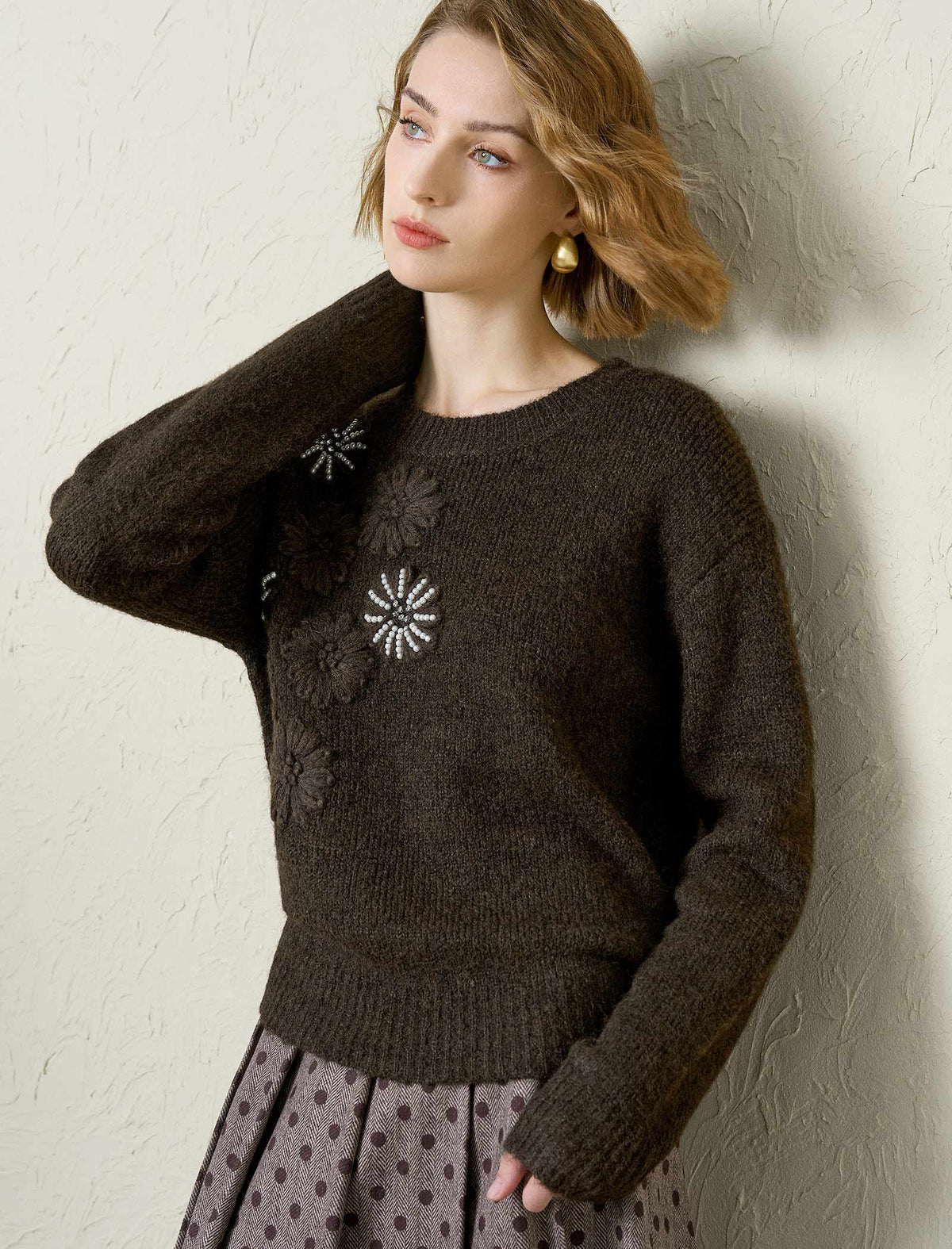 Firework Beading Flower Knit Wool-Blend Sweater