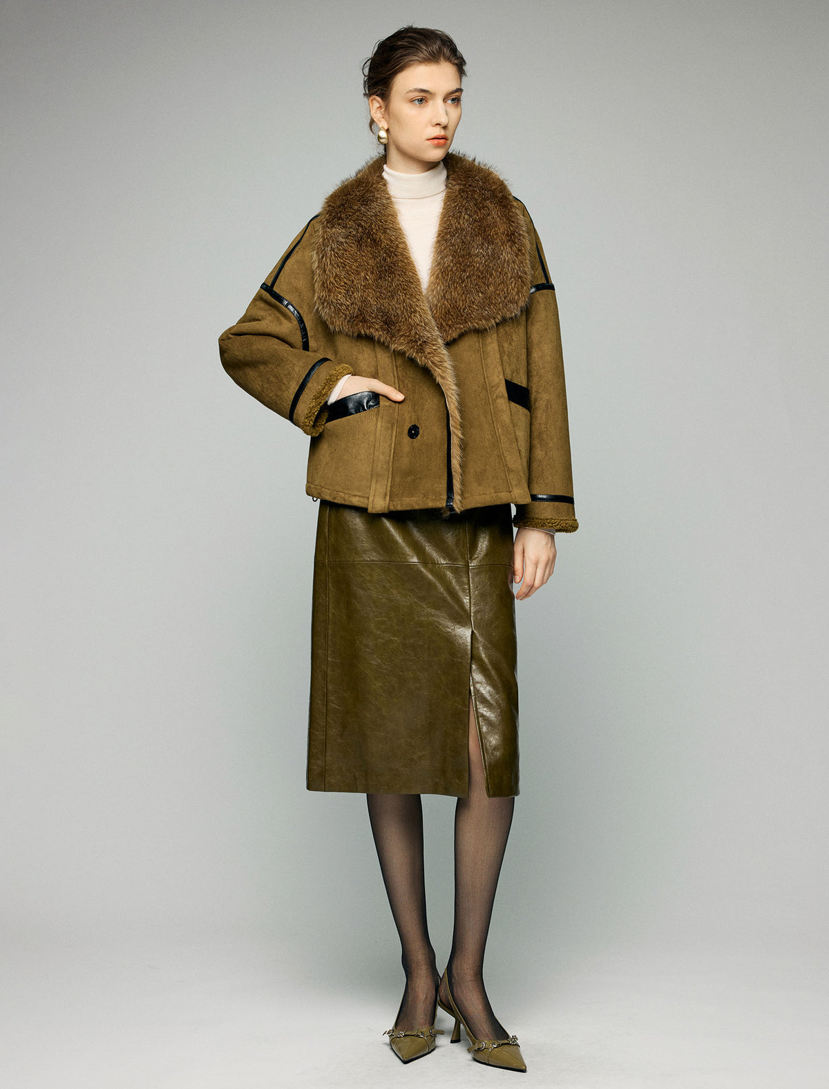 Contrast-Trim Wide-Lapel Cropped Moto Jacket