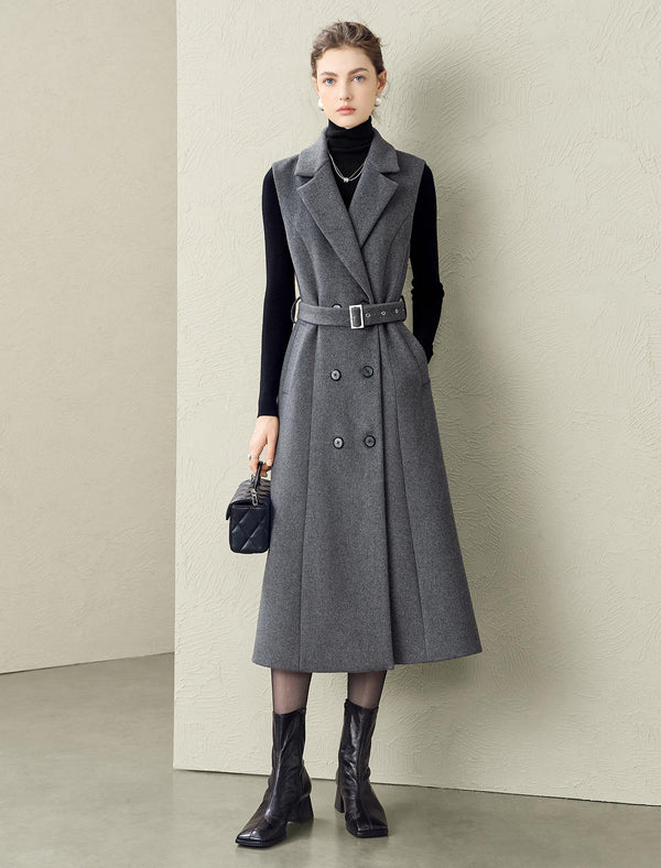 Wool Blend Tailored Sleeveless Midi Dress with Belt