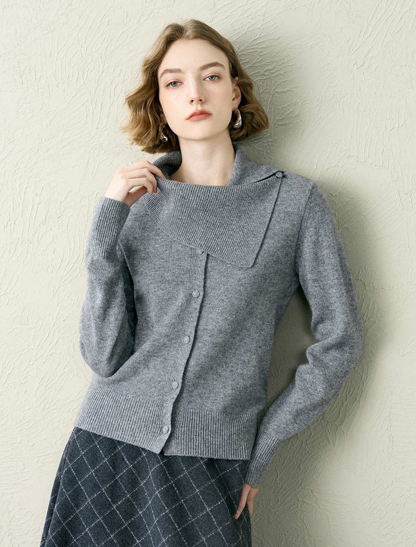 Asymmetric Collar 100% Wool Cardigan