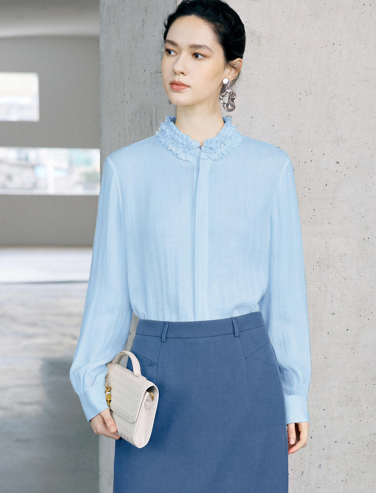 Ruffled Mock Neck Textured Blouse