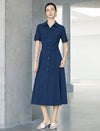 Navy Blue Linen Blend Belted Shirt Midi Dress