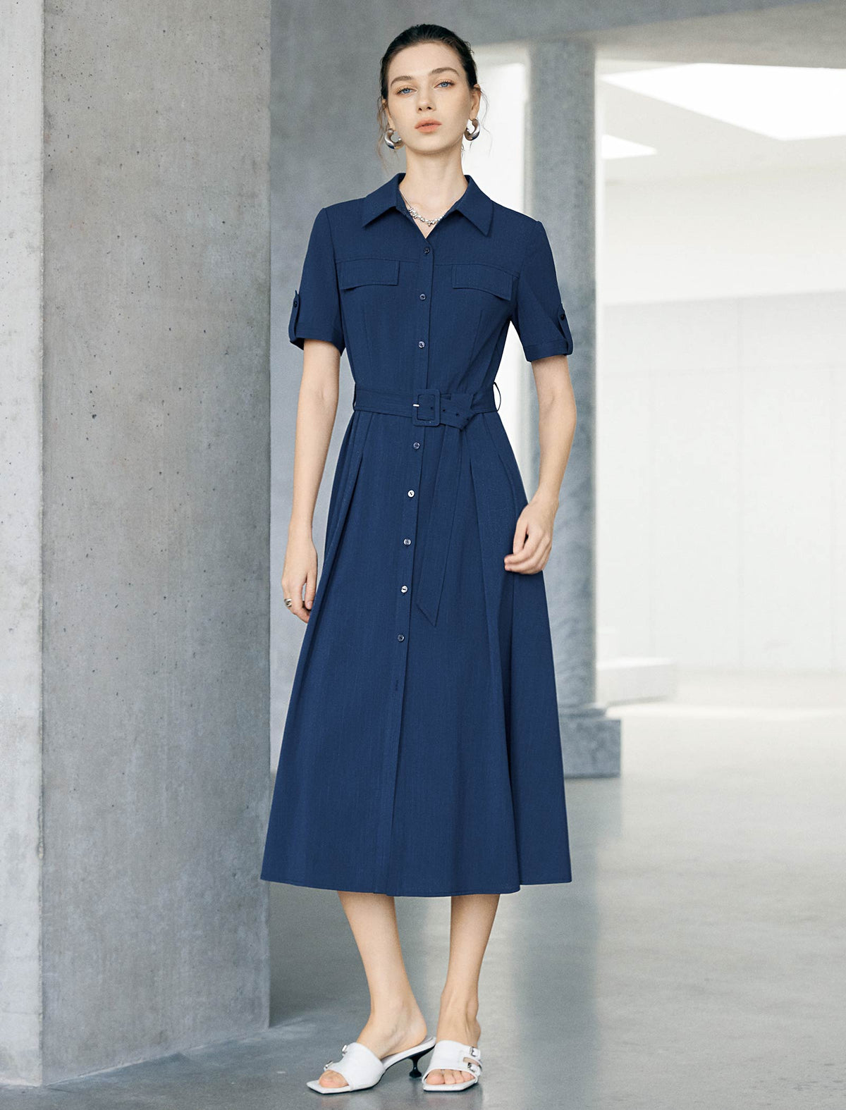 Navy Blue Linen Blend Belted Shirt Midi Dress