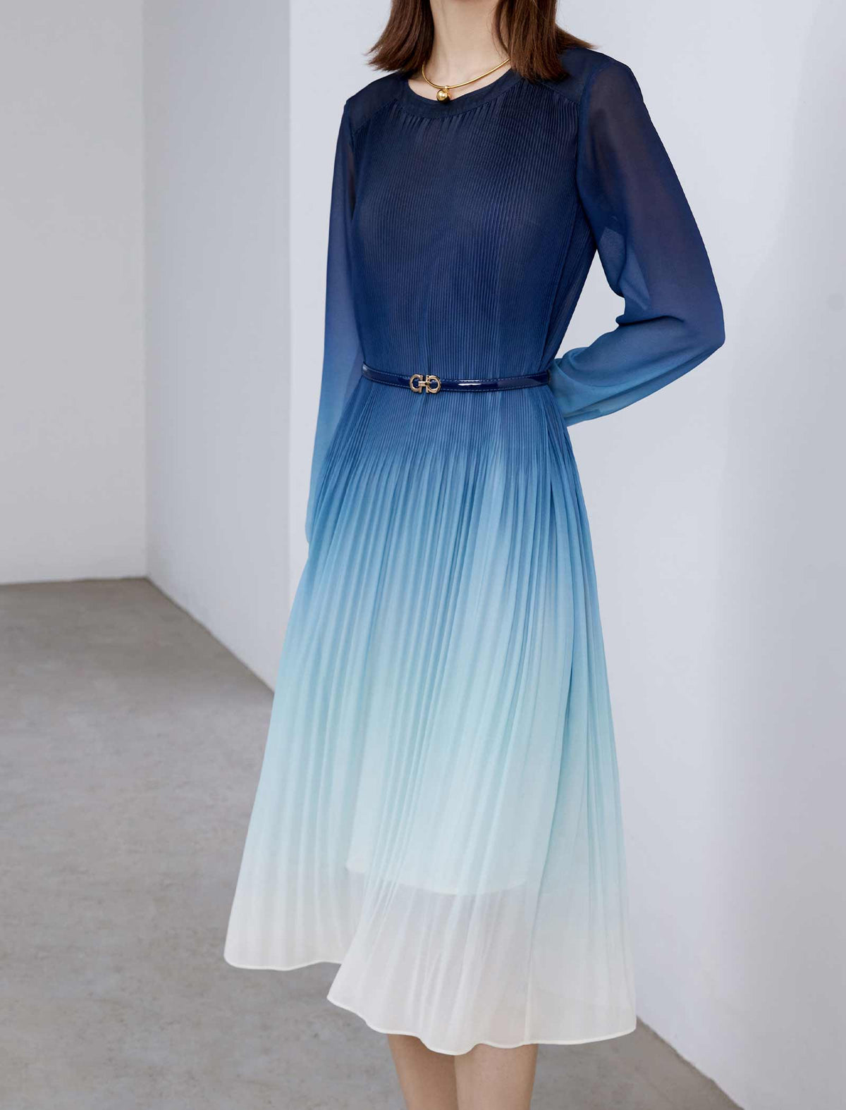 Blue Ombre Pleated Midi Dress