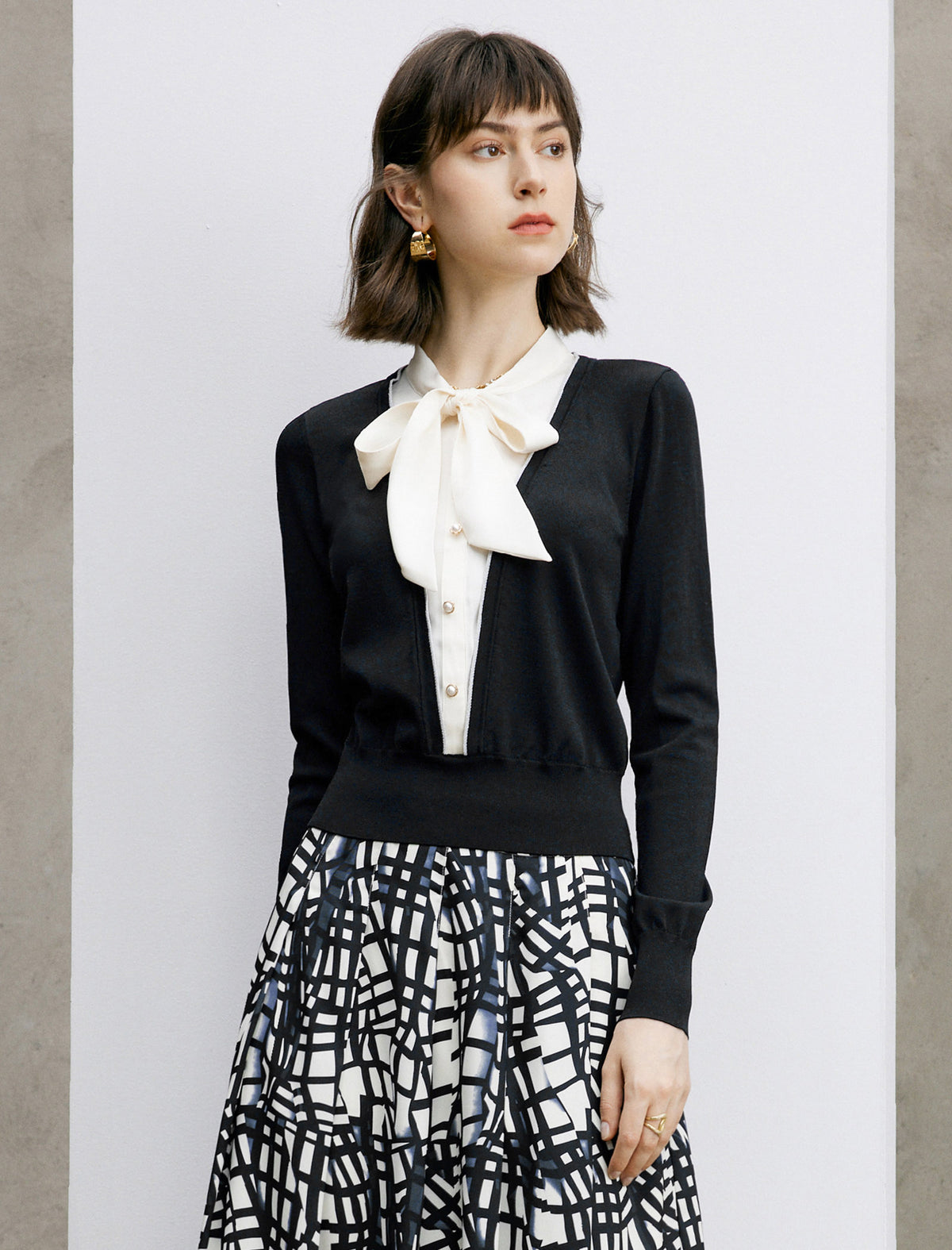 Faux Two-Piece Bow Detail Knit Top