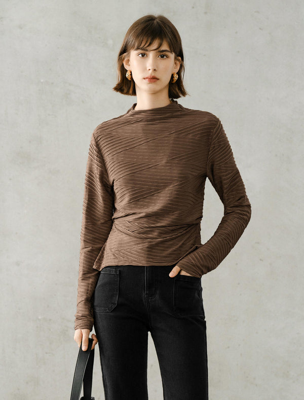 Ruched Slim Fit Mock Neck Long-Sleeve Knit Top