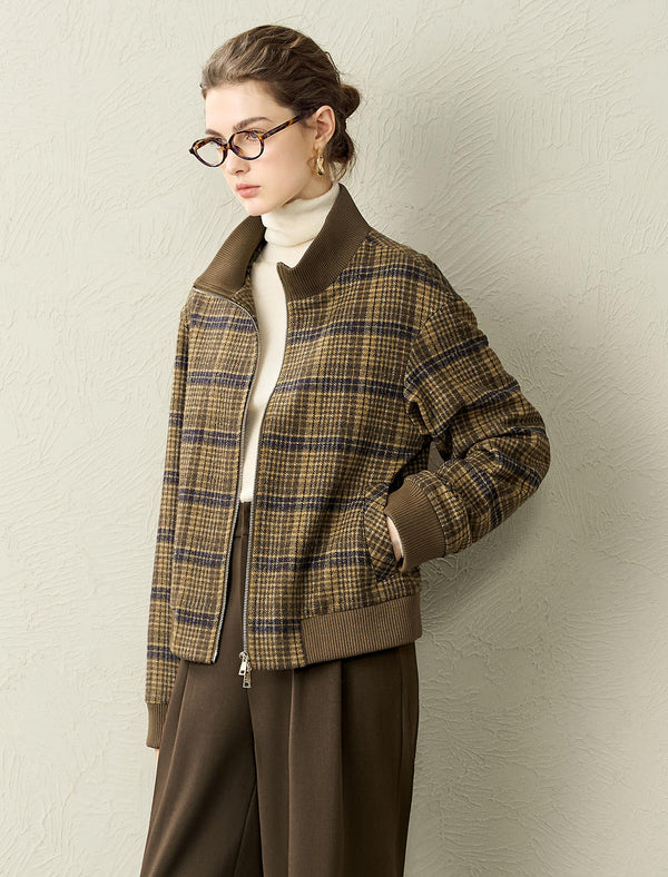 Plaid Wool-Blend Zip Front Jacket