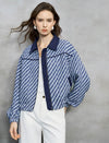 Navy And White Diagonal Jacquard Cropped Jacket