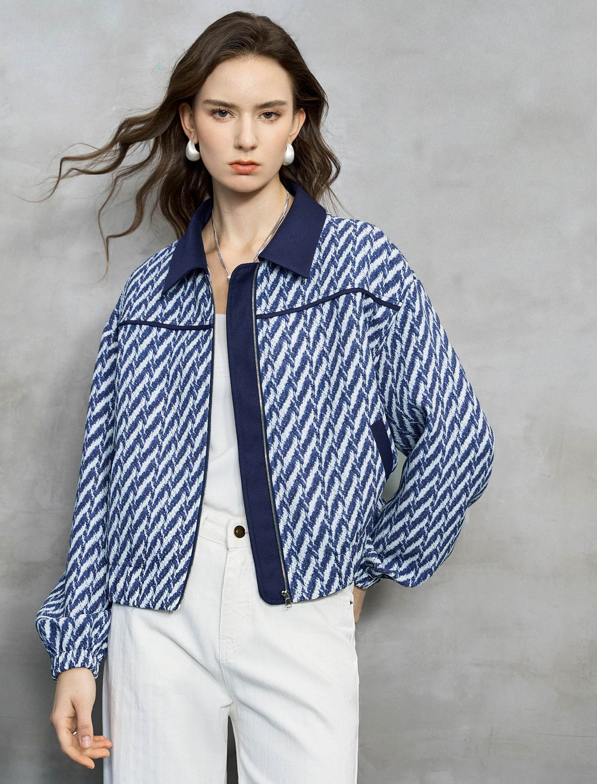 Navy And White Diagonal Jacquard Cropped Jacket