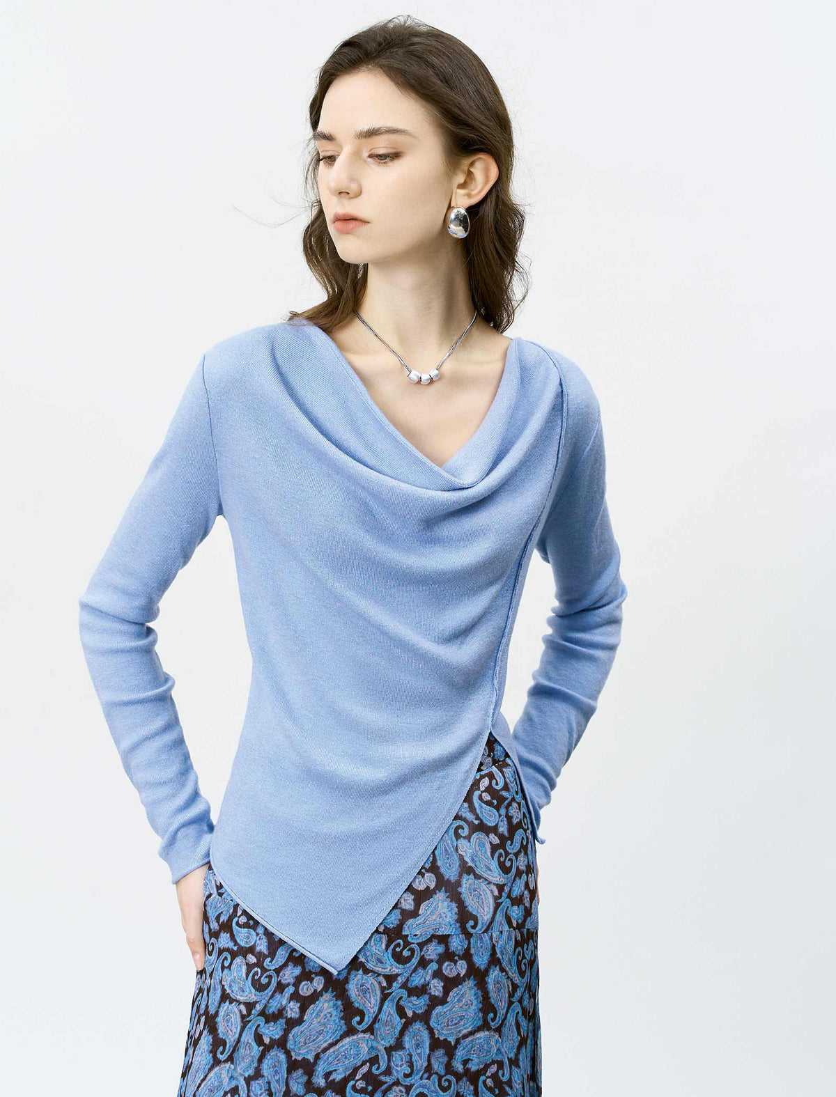 Cowl Neck Asymmetrical Knit Top