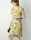 Yellow Floral 100% Mulberry Silk Belted Midi Dress