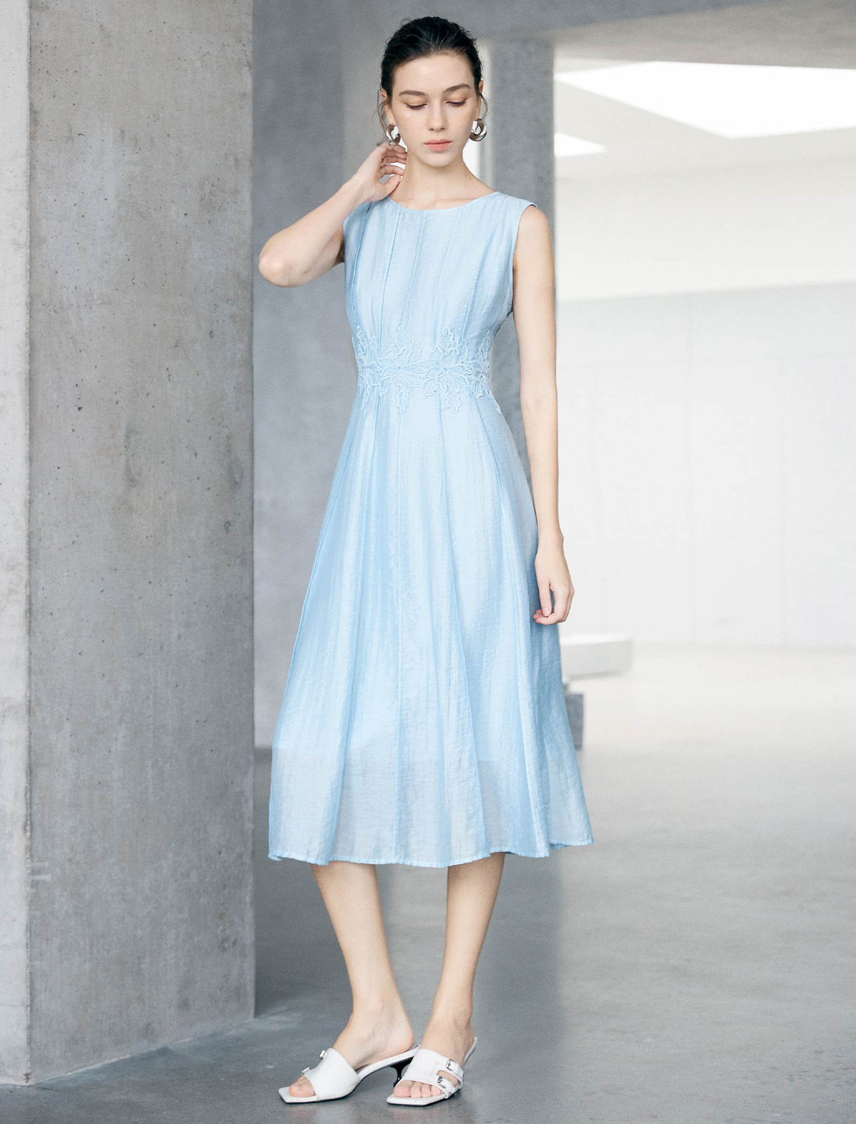Tencel Sleeveless Lace-Waist Midi Dress