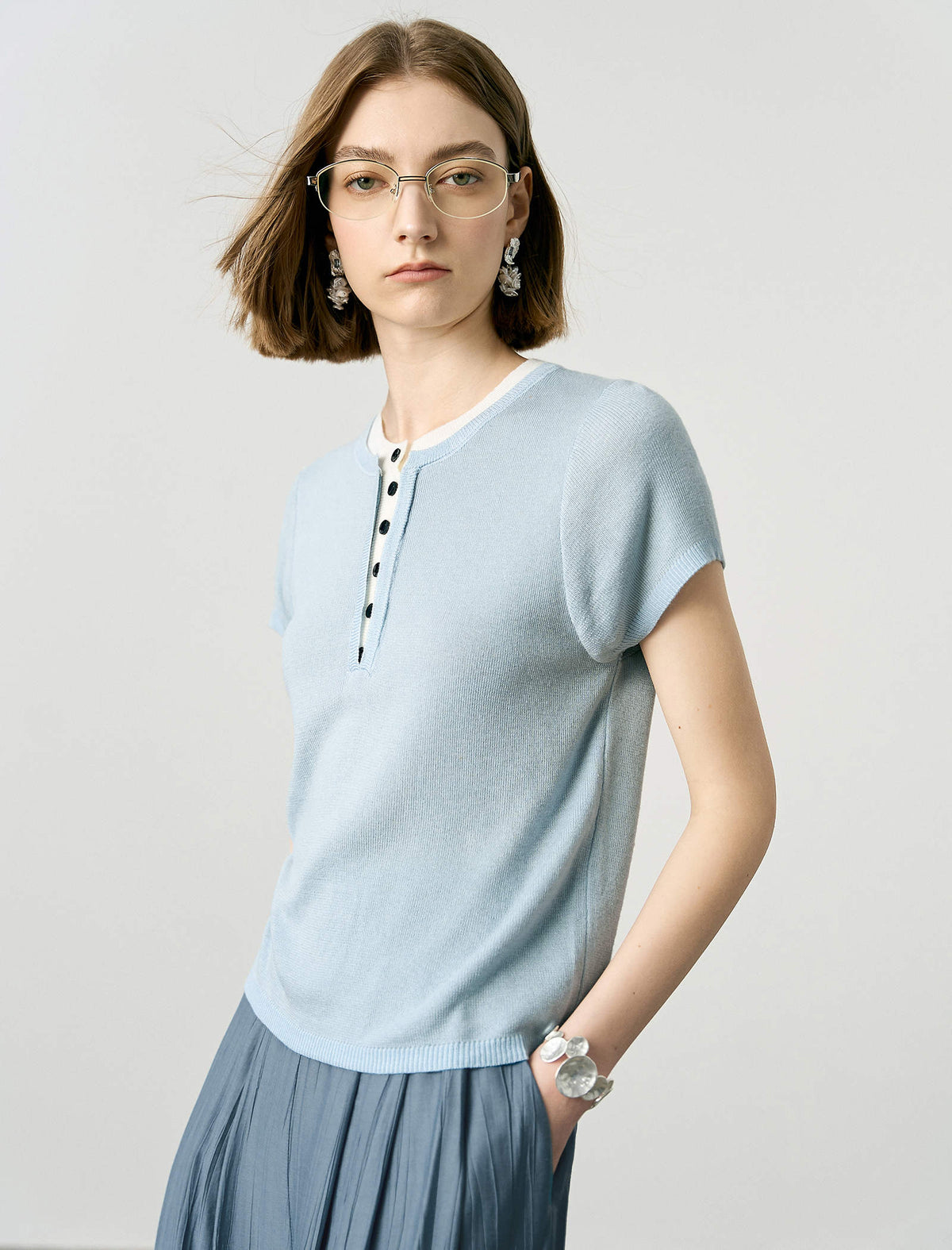 Light Blue Henley Knit Top