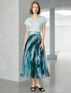 Green Blue Watercolor Print Chiffon Midi Skirt