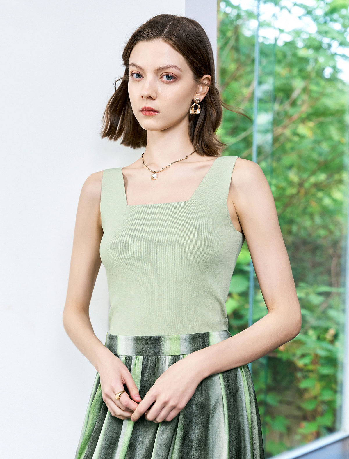 Solid Square Neck Wide Strap Knit Tank Top