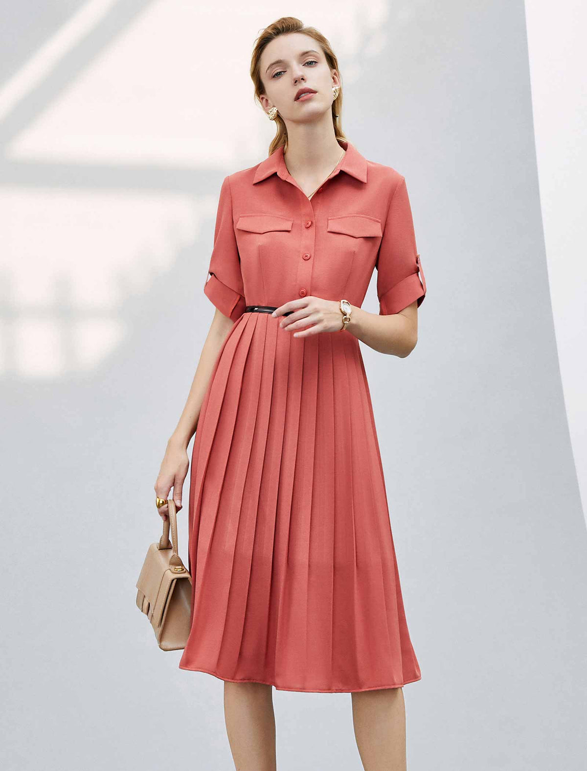 Chic Workwear Pleated Midi Shirt Dress