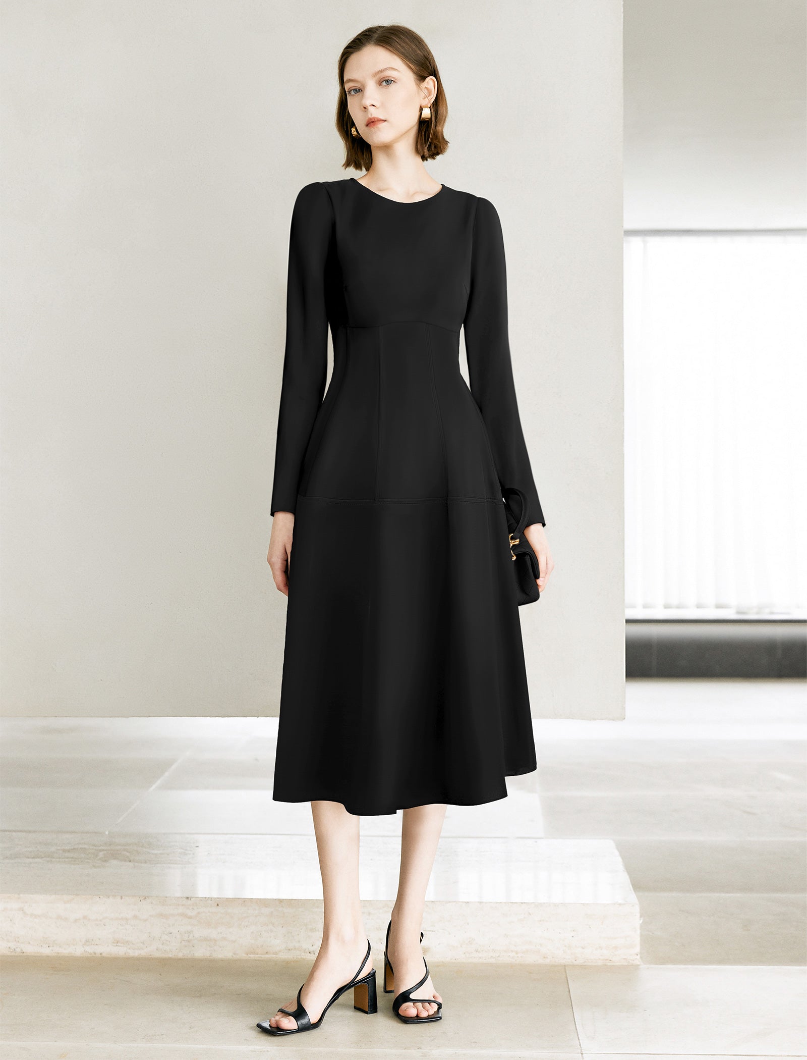 Black A-Line Long Sleeve Midi Dress – FancyEpic