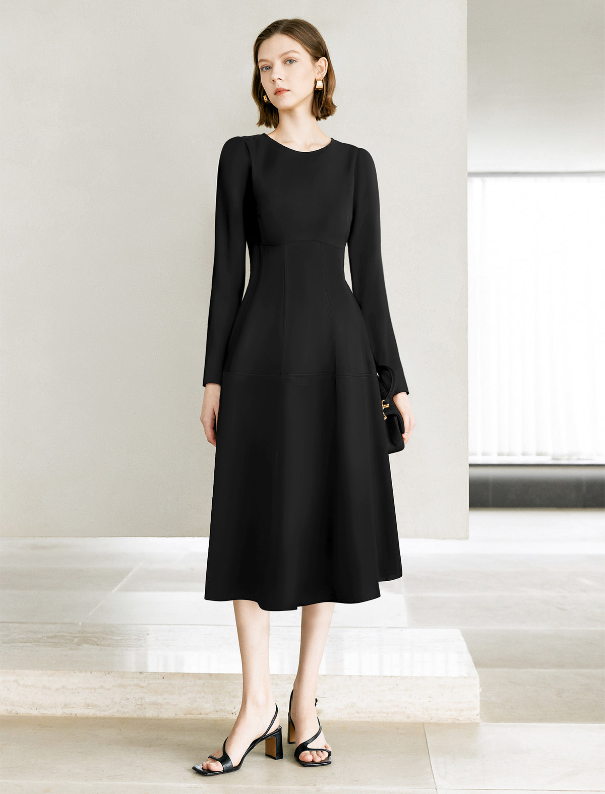 Black A-Line Long Sleeve Midi Dress